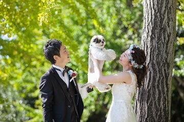 ウェディングドレスを着た新婦さんが愛犬を高い高いのポーズ