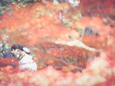 鮮やかな紅葉の下で前撮り