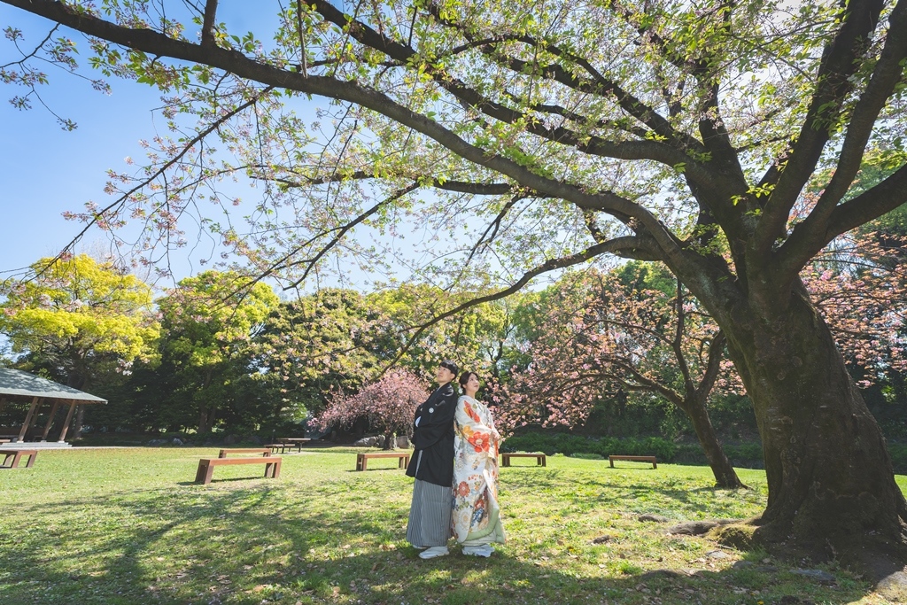 大きな木の下で撮った和装結婚写真