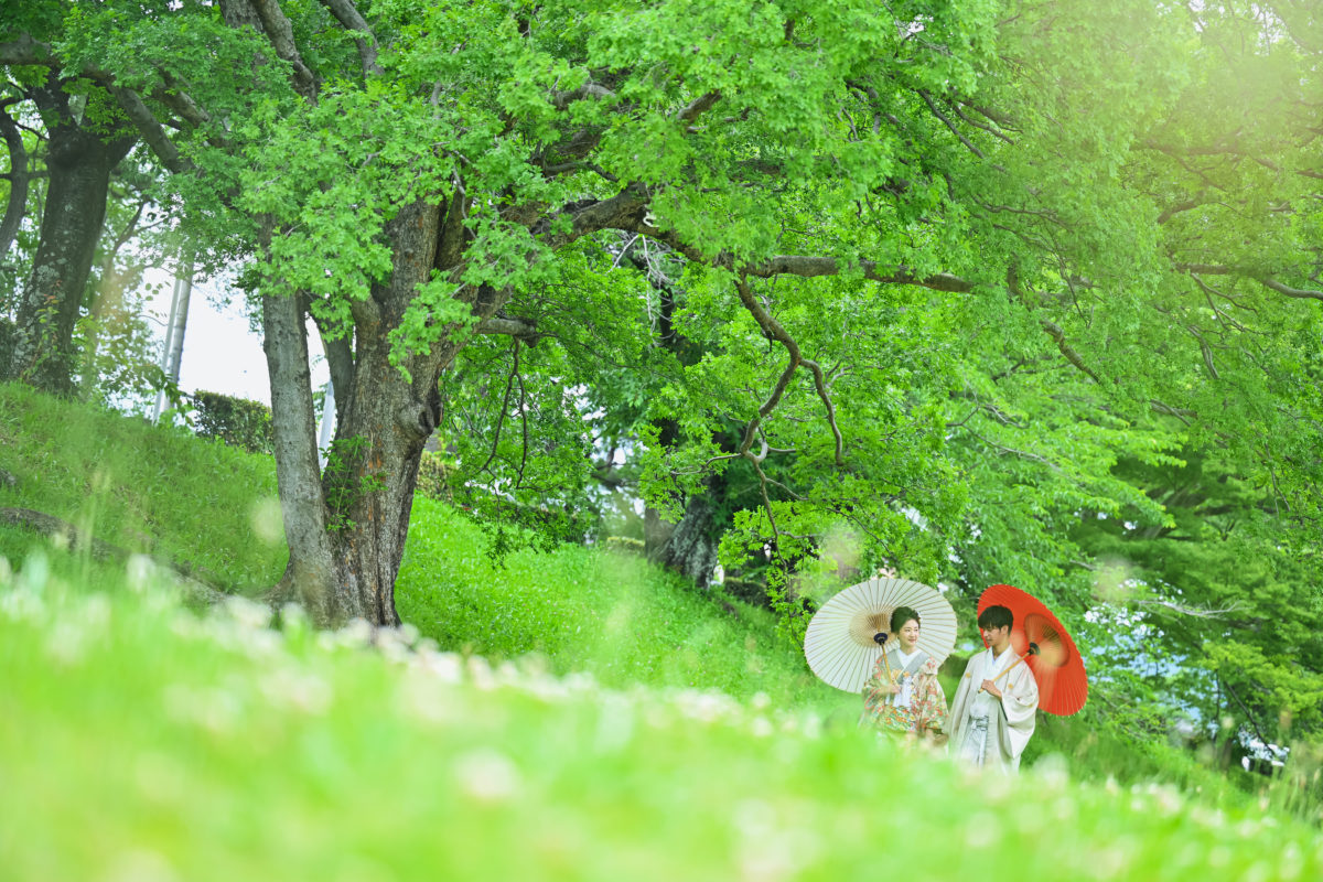 鴨川の自然の中で撮る結婚写真、前撮り撮影のワンカット