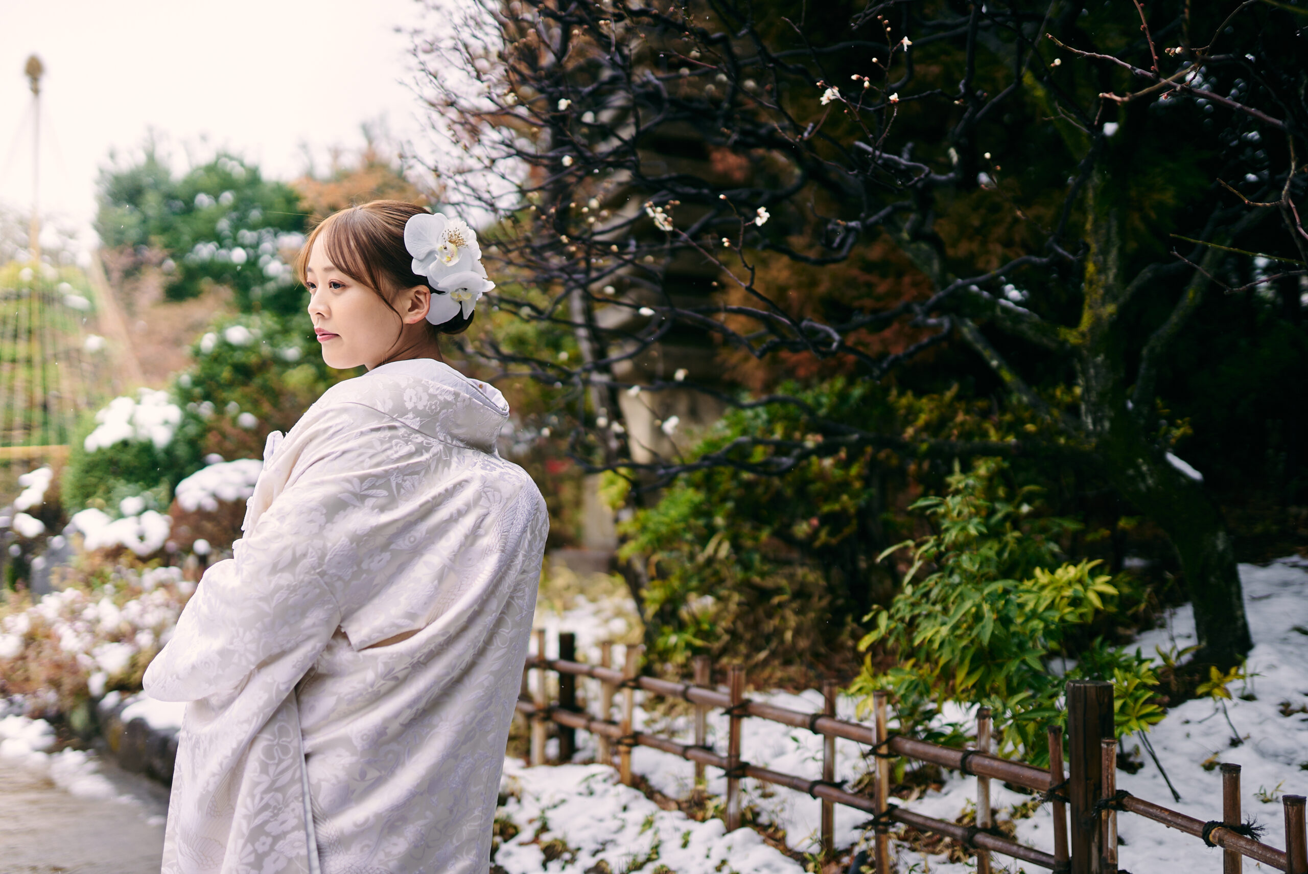 雪の降る日本庭園