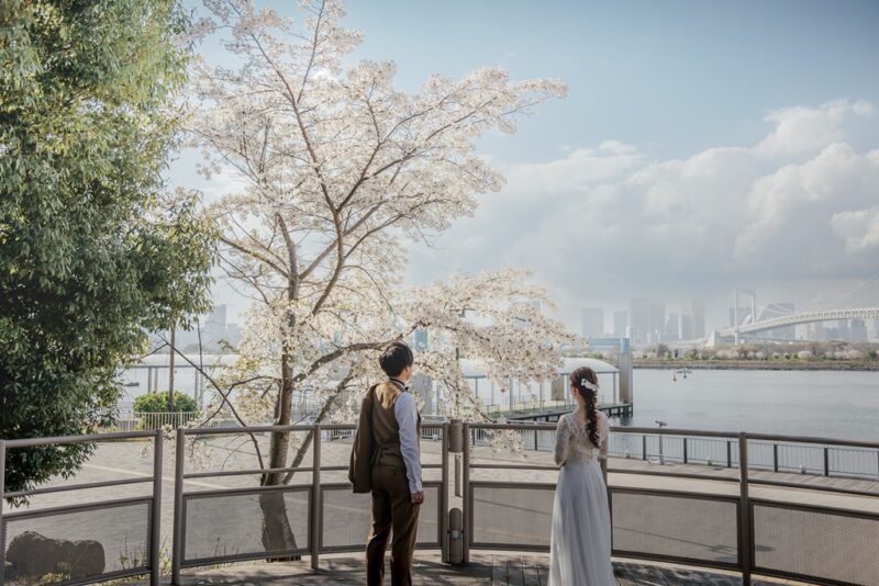 満開の桜と海辺の遊歩道に佇む新郎新婦 レインボーブリッジを望むお台場の一枚