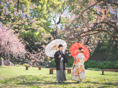 桜の下で憧れの和装撮影