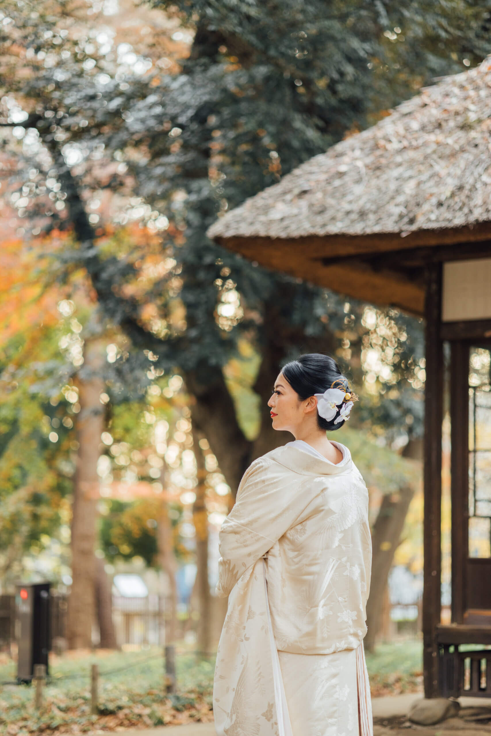蘆花恒春園での和装前撮り実例写真コレクション、旧宅の縁側・竹林・新緑・紅葉など各スポット・各季節での多彩な撮影カット集